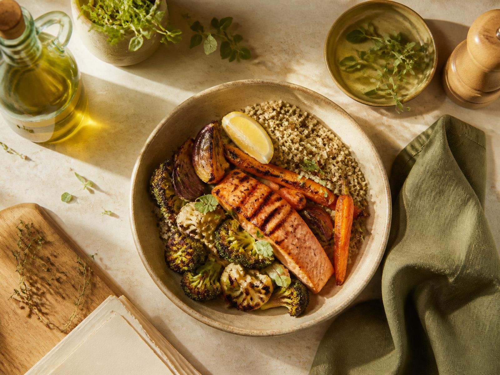 A bowl of grilled salmon, roasted vegetables and quinoa on a sunlit kitchen counter